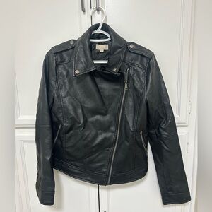 LOFT Black Faux Leather Zip Front Moto Jacket Intimation Leather Size 8
